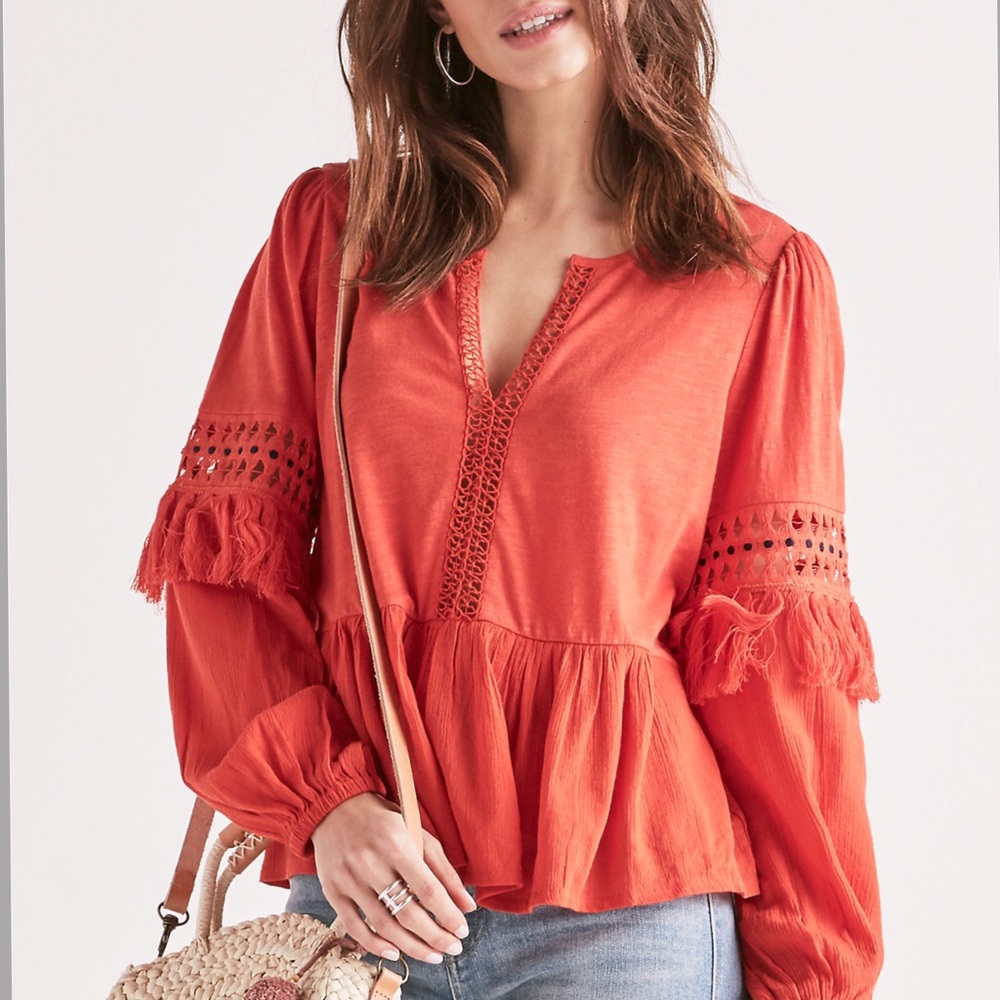 Lucky Brand Coral Boho Peasant Top NWT